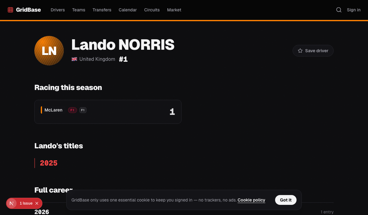 A GridBase driver career page showing junior series seasons leading to a 2026 F1 seat