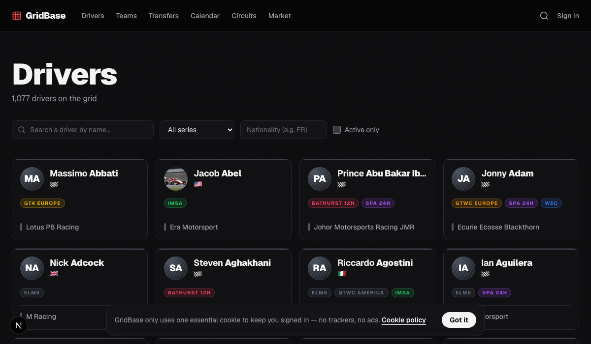 GridBase drivers index showing the 2026 Formula 1 grid with photos, teams and series