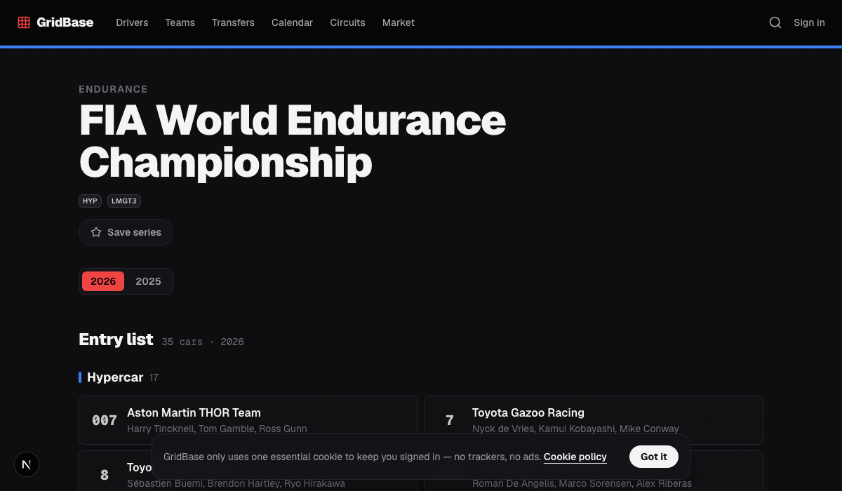 GridBase WEC series page showing the Hypercar season entries and calendar